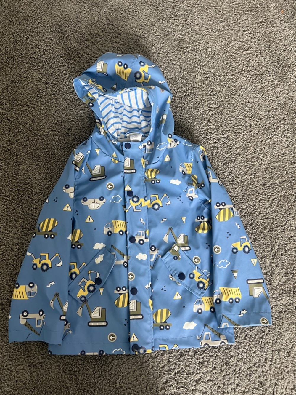 Blue Construction-Print Kids Raincoat with Hood